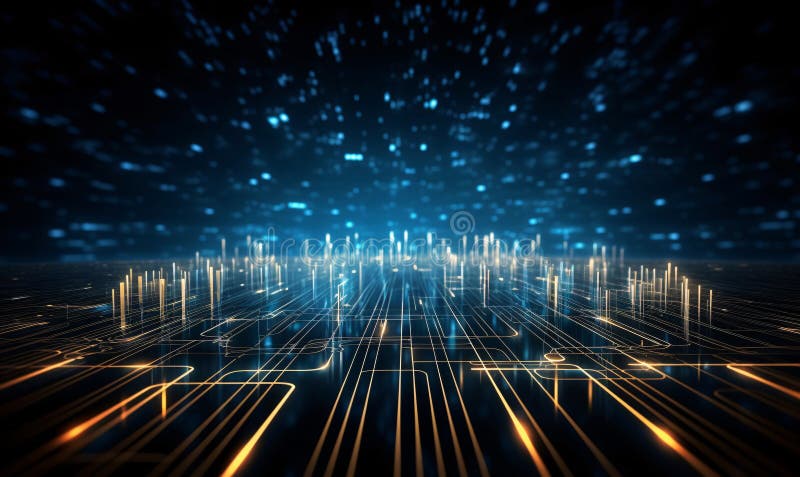 Fondo técnico abstracto con conexiones de fibra óptica iluminadas. sistema de red de computación cuántica y ai stock de ilustración