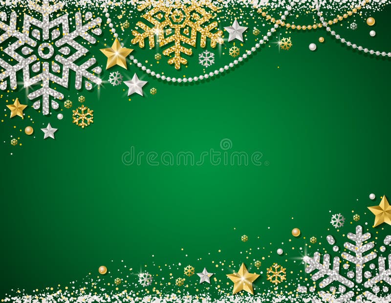 Fondo verde de la Navidad con el marco de los copos de nieve, de las estrellas y de las guirnaldas que brillan de oro y de plata ilustración del vector
