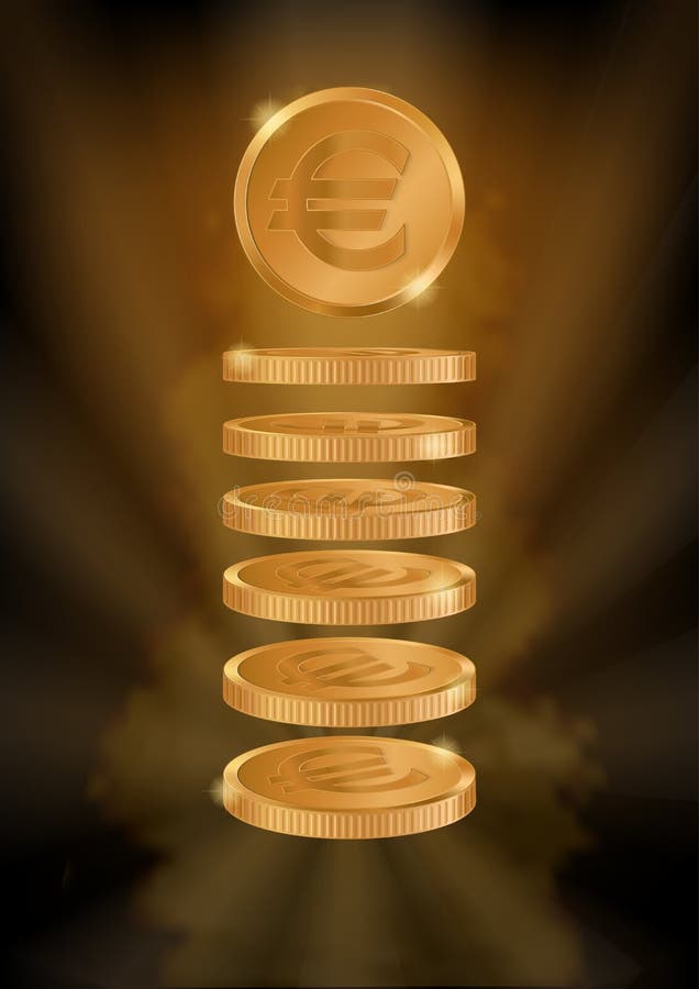 Fondo verticale con le euro monete stilizzate. Fondo scuro verticale con le monete dorate con l'euro simbolo Illustrazione di riserva di vettore