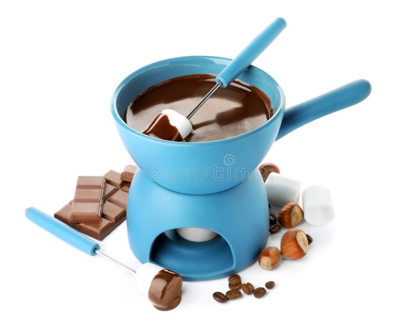 Fondue Pot with Chocolate and Marshmallow Isolated Stock Photo Image