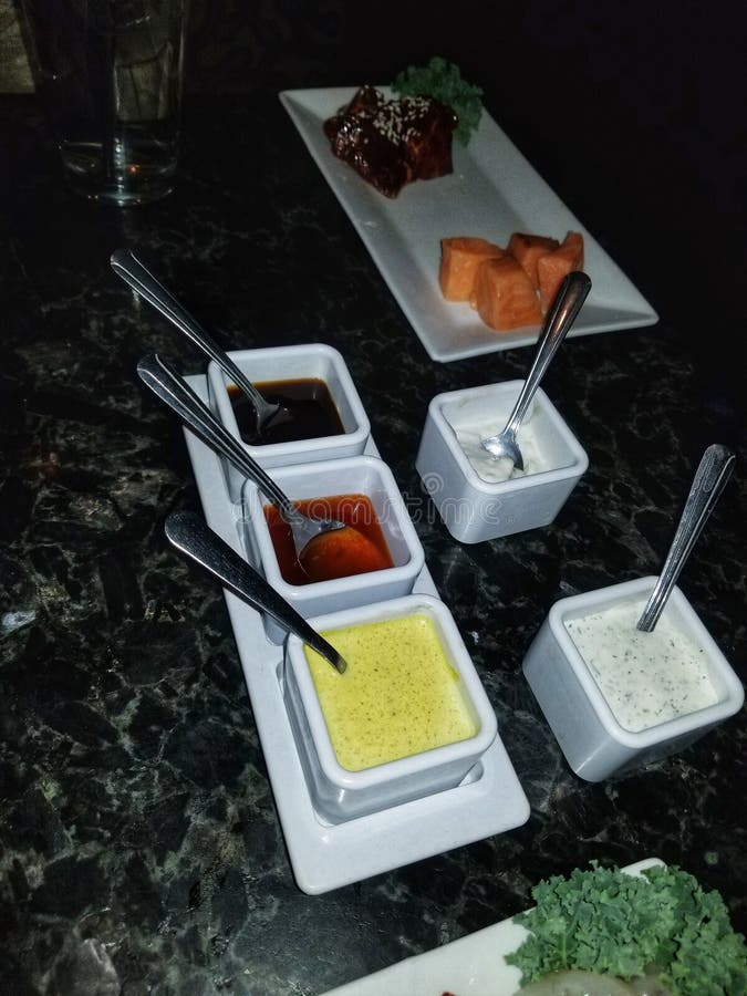 Dipping Sauces at a Fondue Resturant in Cleveland, Ohio Stock Photo