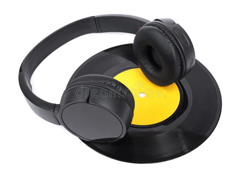 Fones de ouvido pretos sem fios com gravação vinil foto de stock