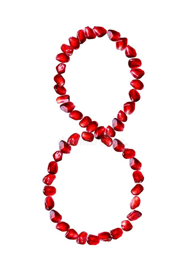 The font is composed of pomegranate seeds on a white isolated background. Number eight. Numbers from 1 to 9