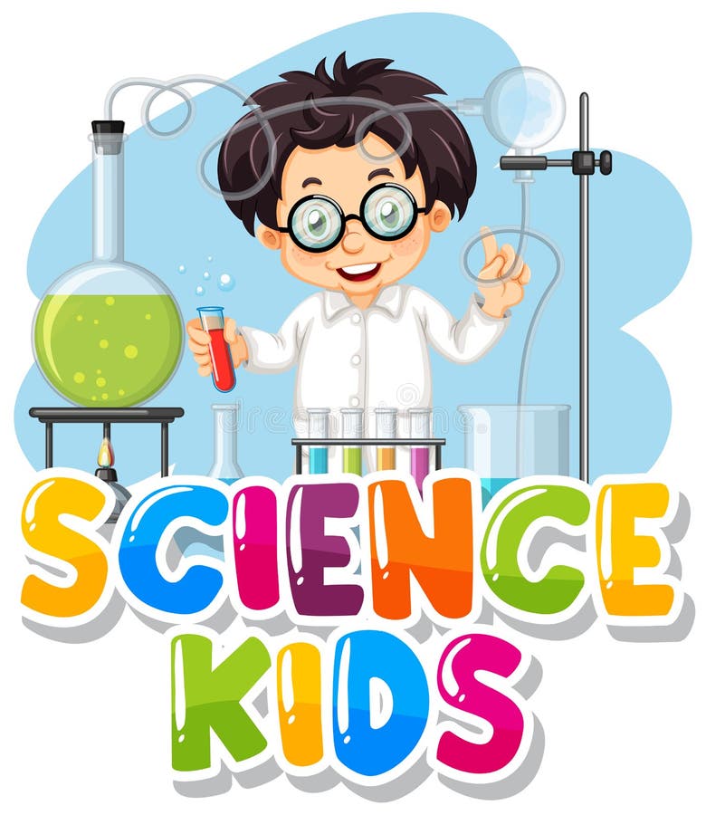 Font design for word science kids with kid in the lab