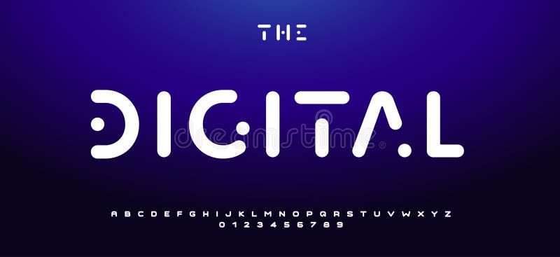 Font digital futurist rotunjit, cu litere netede minime și detalii tehnice detaliate în alfabetul modern elegant pentru tehnologie stock illustration