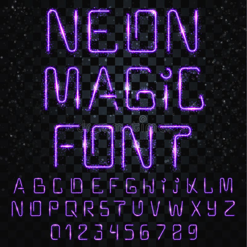 Font magic. Bright, shiny font. Electric letters, numbers, light effects stock illustration