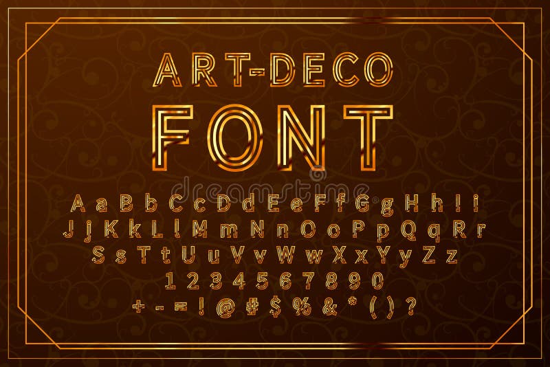 Font retro artdeco auriu, set complet de simboluri latine de epocă, cu numere și semne stock illustration