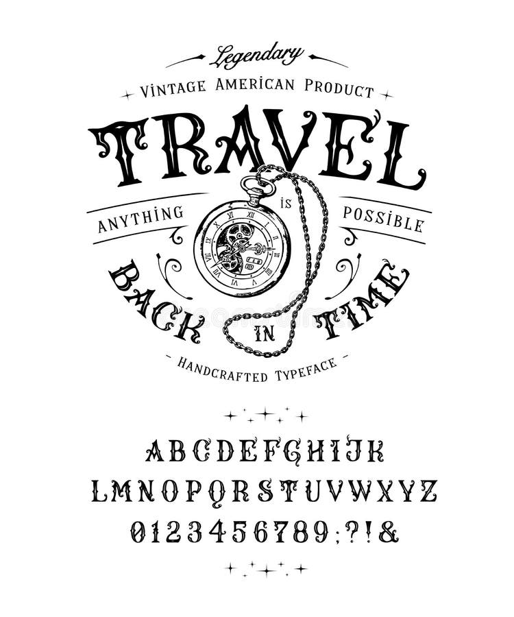 Font Travel Back in Time. Vintage letters, numbers