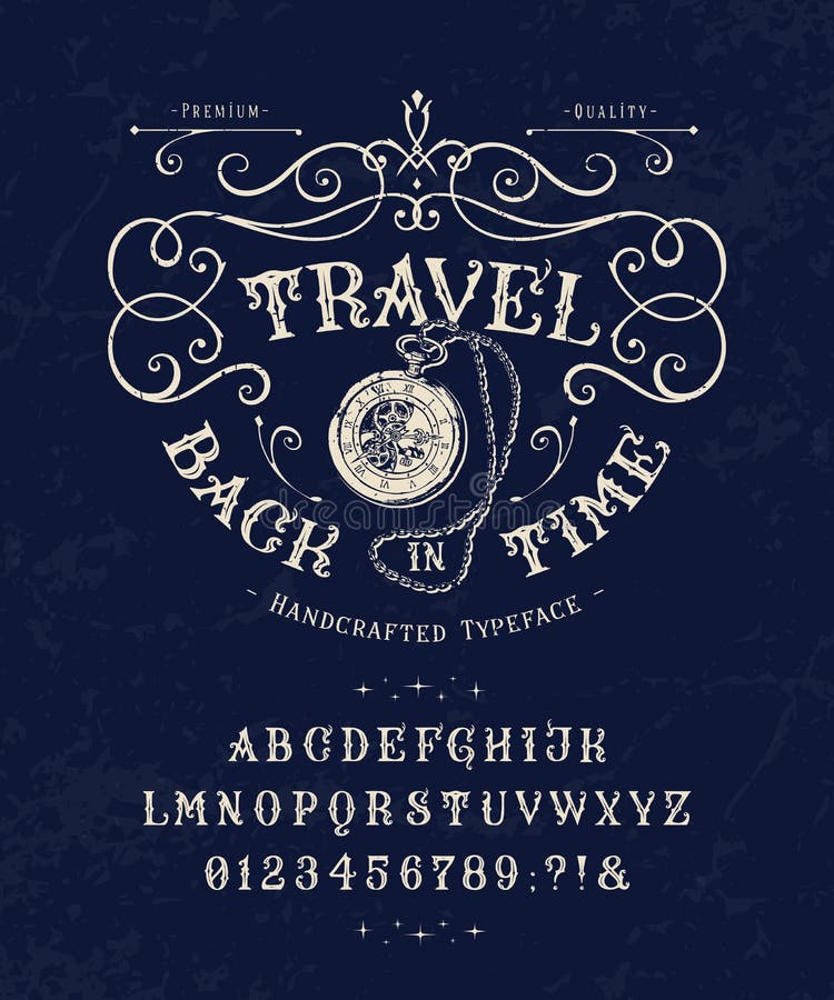 Font Travel Back in Time. Vintage letters, numbers