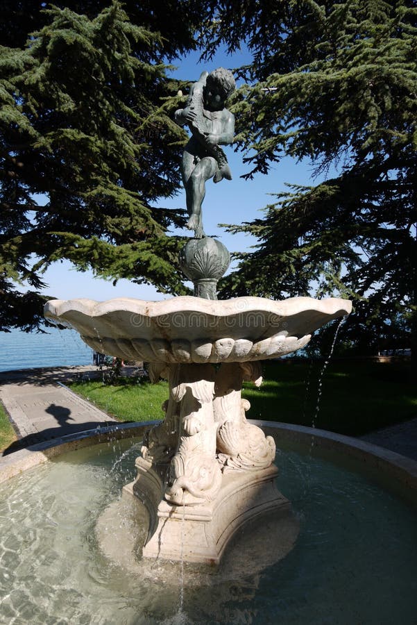 Fontana che si nasconde sotto gli abeti verdi con una scultura di un ragazzo che tiene un delfino immagine stock Fontana che si nasconde sotto gli abeti verdi con una scultura di un ragazzo che tiene un delfino immagine stock