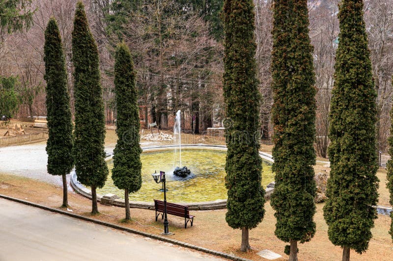 Fontana del parco tranquil con alti alberi verdi nel paesaggio primaverile fotografia stock libera da diritti
