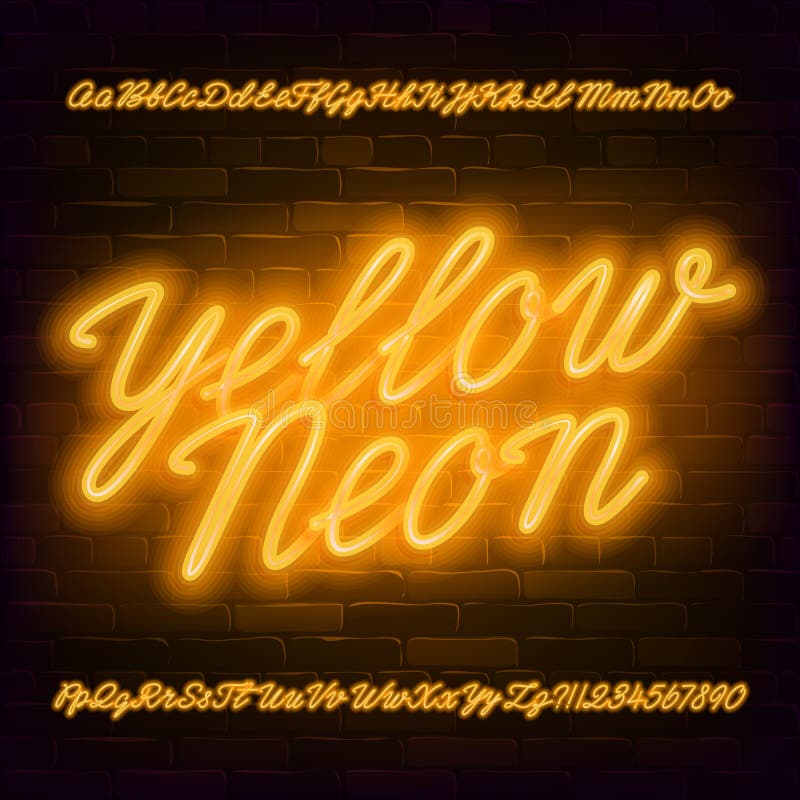 Fonte al neon gialla di alfabeto dello scritto Lettera minuscola al neon di colore e lettere e numeri luminosi maiuscoli