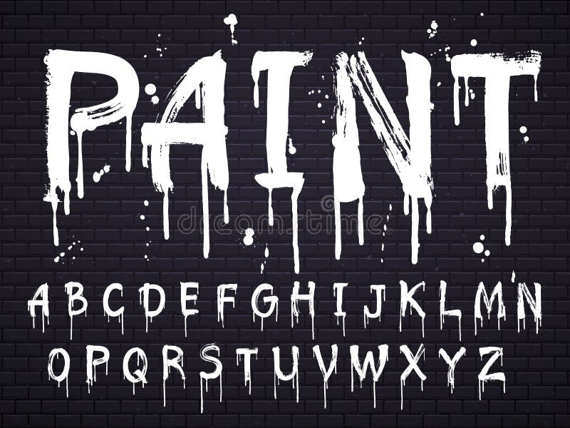 Fonte de tinta pingando para alfabeto latino isolado em fundo escuro com tijolos. letras de óleo branco Fonte de tinta pingando para alfabeto latino isolado em fundo escuro com tijolos. letras de óleo branco