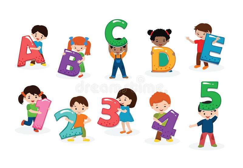 Fonte dei bambini di vettore di alfabeto dei bambini e carattere della ragazza o del ragazzo che tiene l'illustrazione di numero royalty illustrazione gratis Fonte dei bambini di vettore di alfabeto dei bambini e carattere della ragazza o del ragazzo che tiene l'illustrazione di numero royalty illustrazione gratis