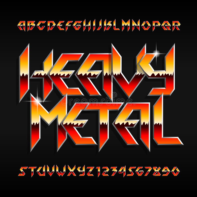 Fonte di metalli pesanti di alfabeto Lettere e numeri brillanti nello stile del hard rock
