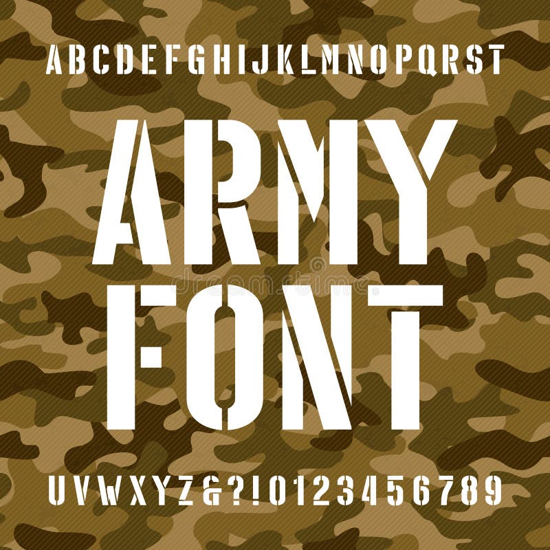 Fonte do alfabeto do estêncil do exército Datilografe letras e números no fundo sem emenda afligido do camo ilustração royalty free Fonte do alfabeto do estêncil do exército Datilografe letras e números no fundo sem emenda afligido do camo ilustração royalty free