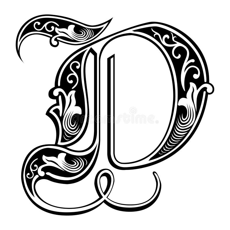 Fonte gótico decorada do estilo, letra D