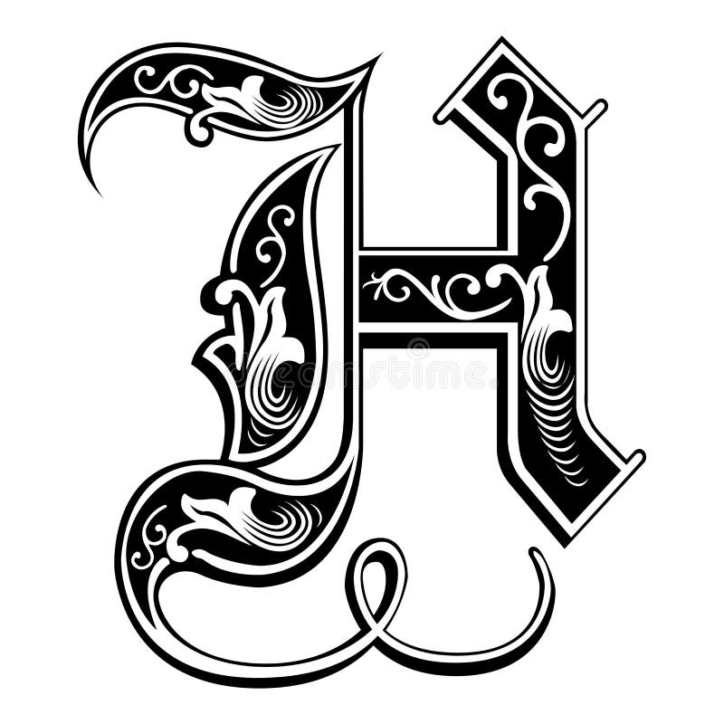 Fonte gótico decorada do estilo, letra H