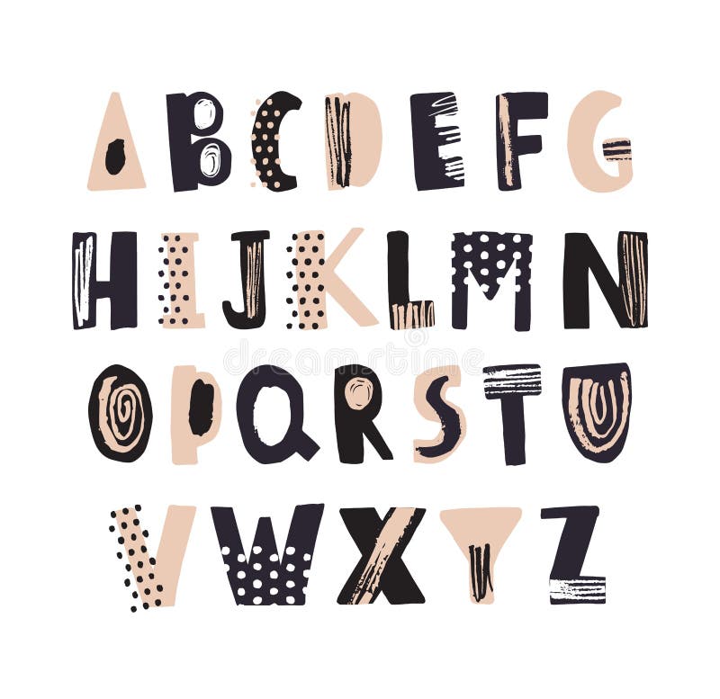 Fonte latin funky ou mão decorativa do alfabeto inglês tirada no fundo branco Letras textured criativas arranjadas dentro ilustração stock Fonte latin funky ou mão decorativa do alfabeto inglês tirada no fundo branco Letras textured criativas arranjadas dentro ilustração stock