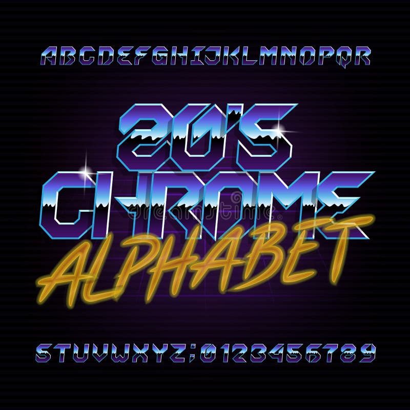 fonte retro do alfabeto do cromo 80s Letras brilhantes, números e símbolos do efeito metálico ilustração do vetor fonte retro do alfabeto do cromo 80s Letras brilhantes, números e símbolos do efeito metálico ilustração do vetor