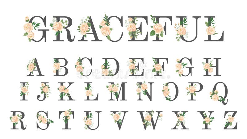 Fonte tipografica floreale L'invito di lusso di nozze fiorisce le lettere, l'alfabeto alla moda del fiore ed è aumentato illustra