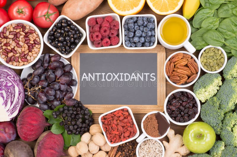 Food sources of natural antioxidants such as fruits, vegetables, nuts and cocoa powder. Antioxidants neutralize free radicals. Food sources of natural antioxidants such as fruits, vegetables, nuts and cocoa powder. Antioxidants neutralize free radicals