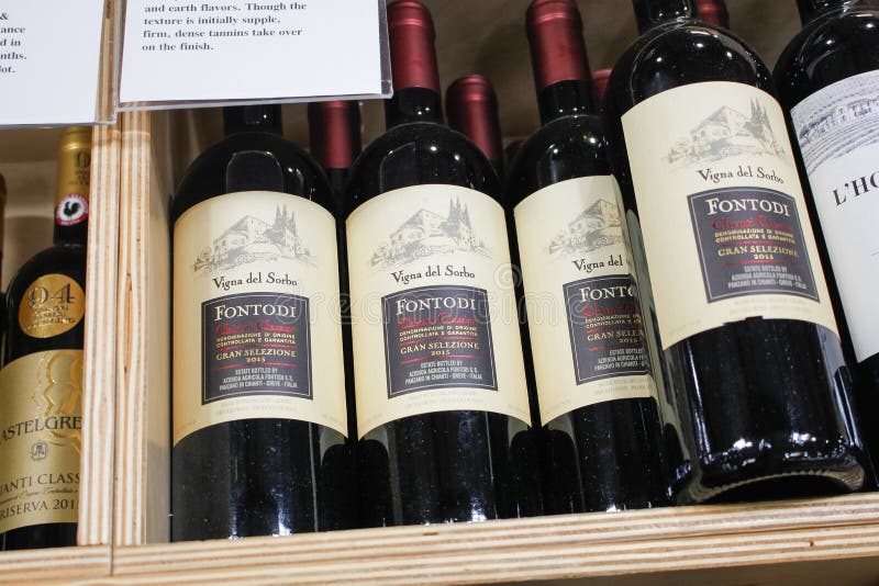 Los Angeles, California, United States - 04-06-2021: A view of several bottles of 2015 Fontodi Vigna del Sorbo Gran Selezione Chianti Classico wine, on display at a local grocery store.