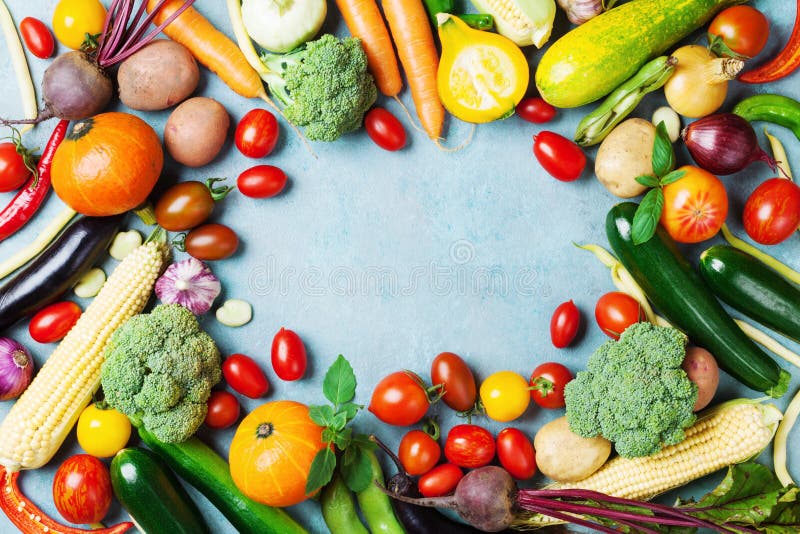 Food background with autumn farm vegetables and root crops top view. Healthy and organic harvest. stock photo Food background with autumn farm vegetables and root crops top view. Healthy and organic harvest. stock photo