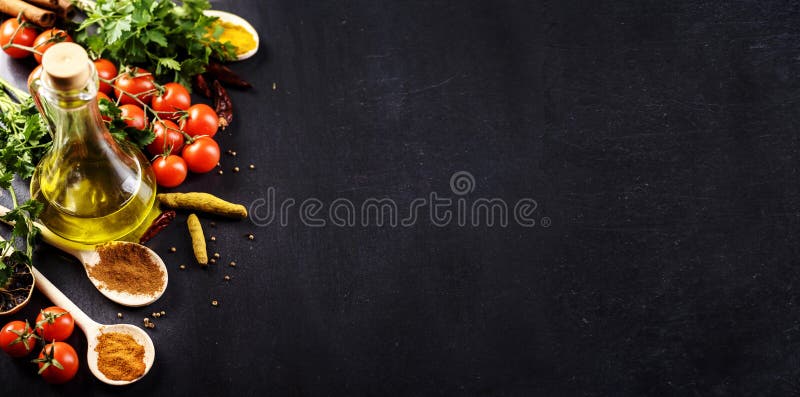 Food Cooking Background at Black Top View. Stock Photo - Image of pepper,  eating: 194609840