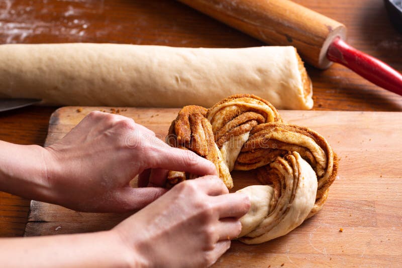 Food bakery concept making bread dought for Cinnamon Roll Braided Bread with copy space. Dought stock images, royalty-free photos and pictures