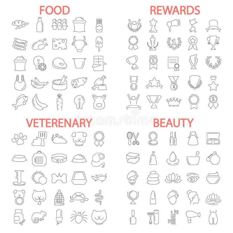 Food. Beauty. Veterenary shop. Rewards and medals line icons set vector illustration Food. Beauty. Veterenary shop. Rewards and medals line icons set vector illustration