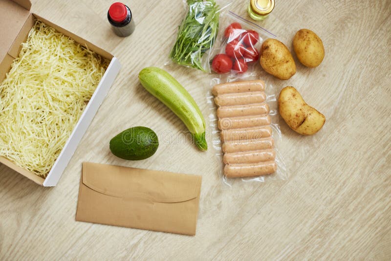 Food Box Meal Kit of Fresh Ingredients and Recipe Blank Order Stock