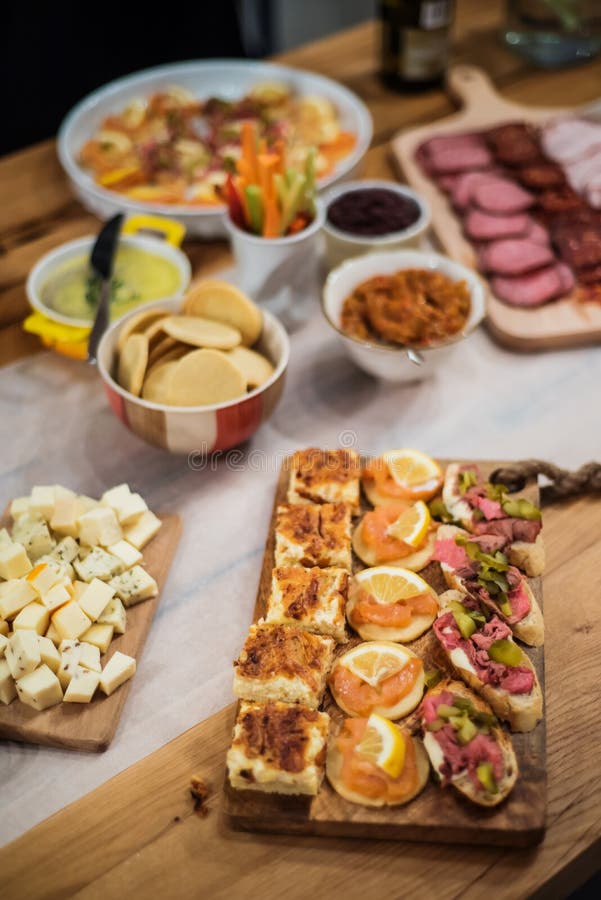 Food Buffet with Finger-food and Salads Stock Photo - Image of flowers