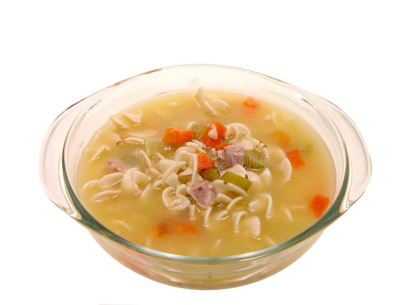 Food: Chunky Chicken Noodle Soup in Glass Cooking Dish. Chunky chicken and vegetable soup in a glass cooking dish. Isolated on white stock photos Food: Chunky Chicken Noodle Soup in Glass Cooking Dish. Chunky chicken and vegetable soup in a glass cooking dish. Isolated on white stock photos