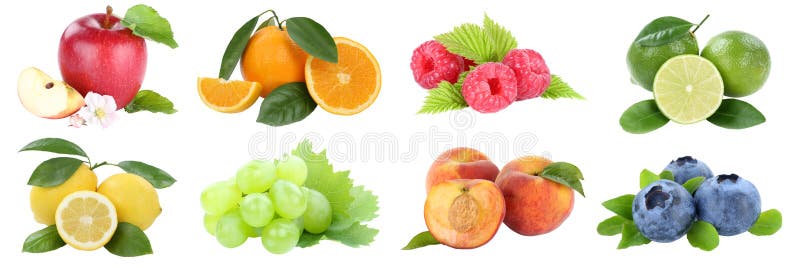 Food collection fruits apple orange grapes apples oranges lemon peach fresh fruit isolated on white