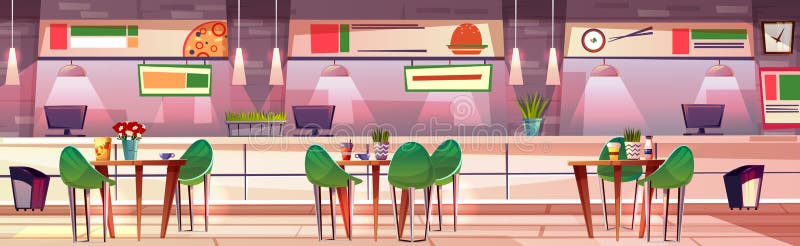 Food court hall in mall shop vector illustration.