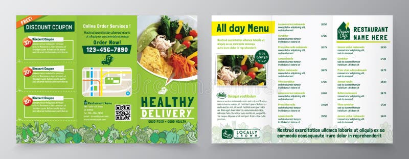 Food Delivery Flyer Pamphlet brochure design template in A4 size Tri fold. Healthy Meal, Restaurant menu template