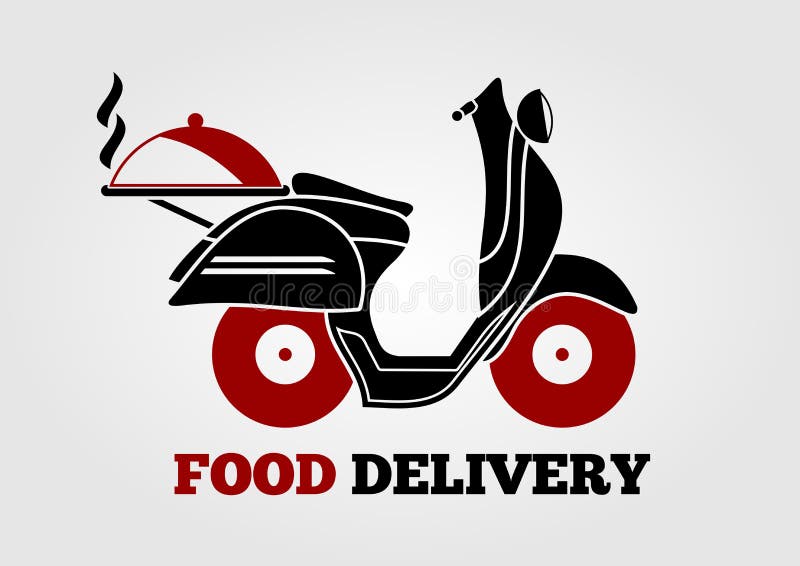 Food Delivery Logo Design with Retro Scooter. Vector Illustration Stock