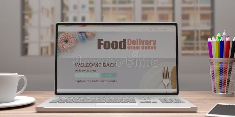 Food Delivery Order Online App on Computer Display, Blur Office Background. 3d Illustration Stock Illustration - Illustration of desk, break: 171132126