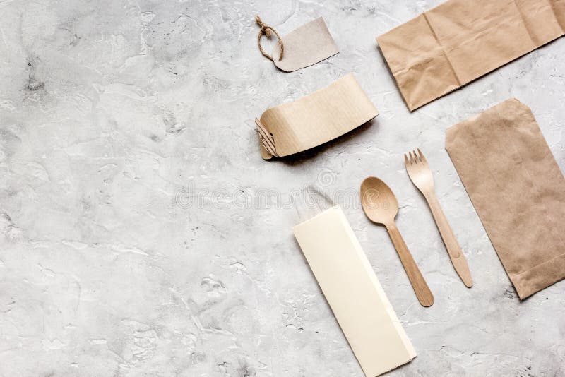 Download Food Delivery With Paper Bags And Flatware On Stone Table Background Top View Mockup Stock Image ...