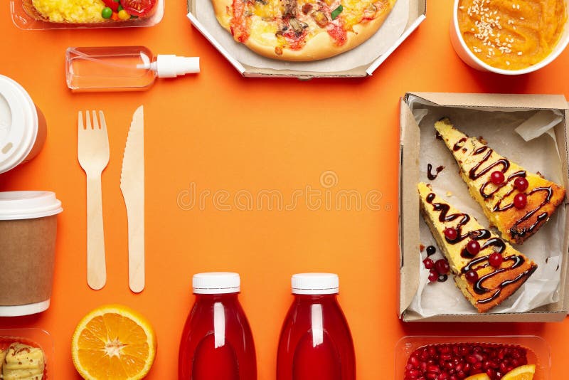 Food Delivery Food in Takeaway Boxes on Yellow Background. Weight Loss