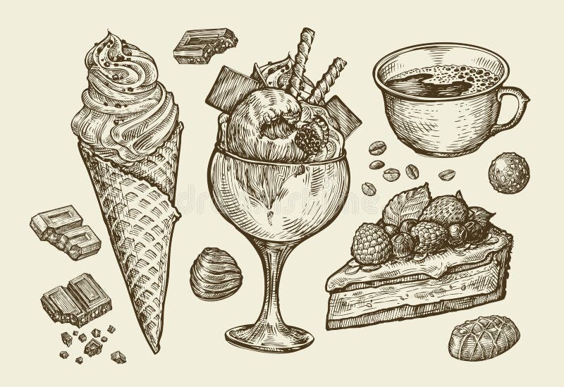 Food, dessert, drink. Hand drawn ice cream, sundae, cup of coffee, tea, cake, pie, chocolate, candy. Sketch vector