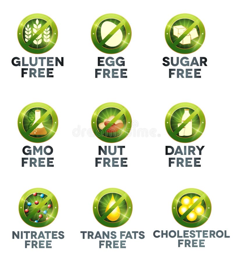 Pasto icona impostato, Uomo cura diete come come glutine gratuito, zucchero gratuito, matrici gratuito, gratuito, uova gratuito, latticini gratuito, gratuito, grassi gratuito, gratuito.