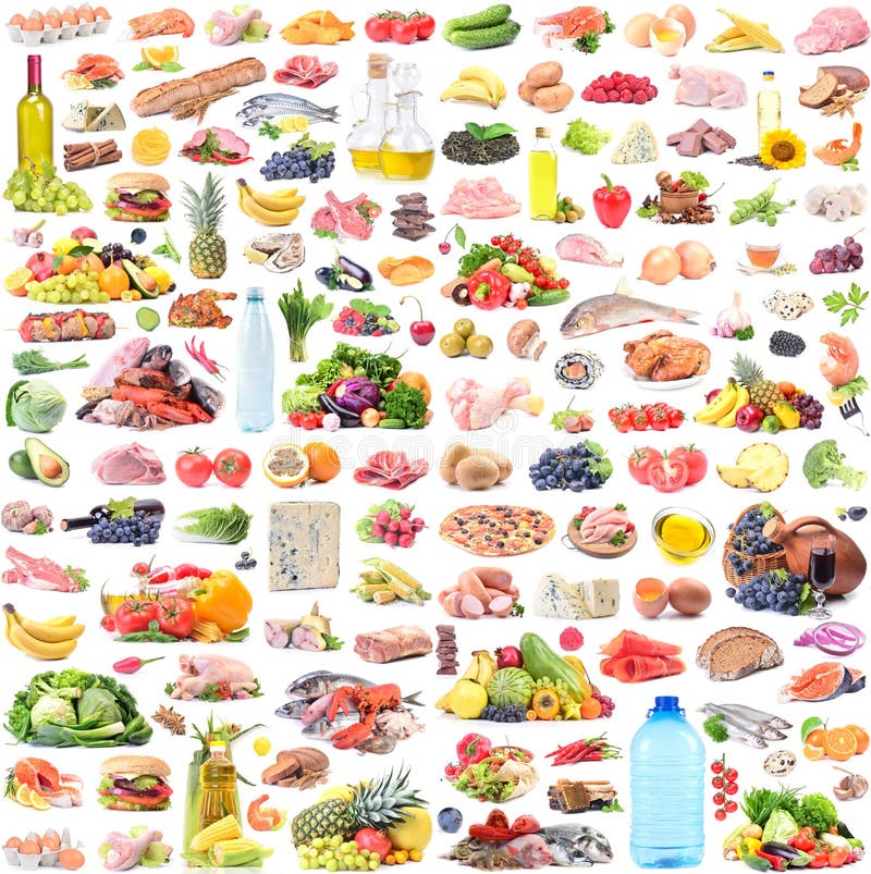 Food and drinks on white background