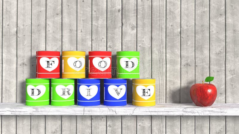 Food drive stacked cans on white wooden board vector illustration Food drive stacked cans on white wooden board vector illustration