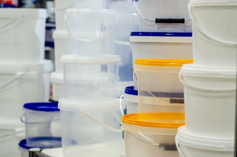 Food Grade Plastic Buckets for Sale in the Store Stock Photo Image of