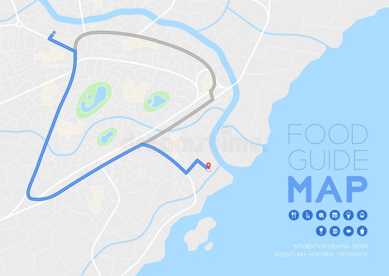 Food guide direction map travel with icon concept, Road pizza shape design in daytime mode illustration isolated on grey vector illustration Food guide direction map travel with icon concept, Road pizza shape design in daytime mode illustration isolated on grey vector illustration