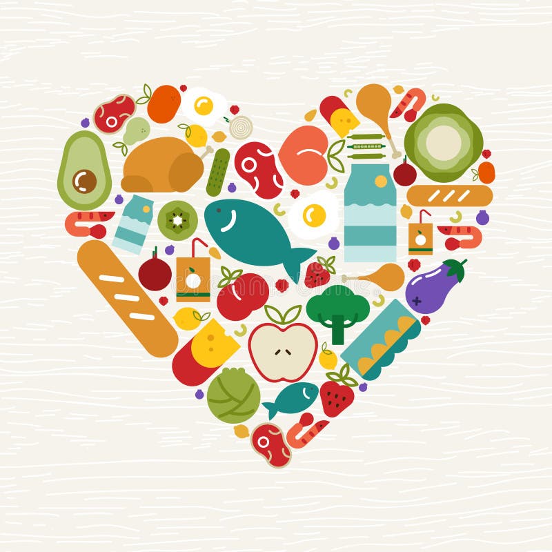 Food icons making heart shape for healthy eating or balanced nutrition concept. Includes fruit, vegetables, meat, bread and dairy. Food icons making heart shape for healthy eating or balanced nutrition concept. Includes fruit, vegetables, meat, bread and dairy.