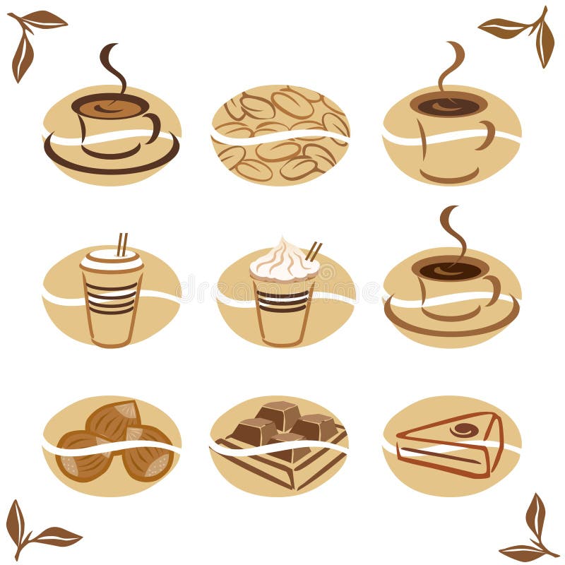 Caffè imparentato illustrazioni, icone O.