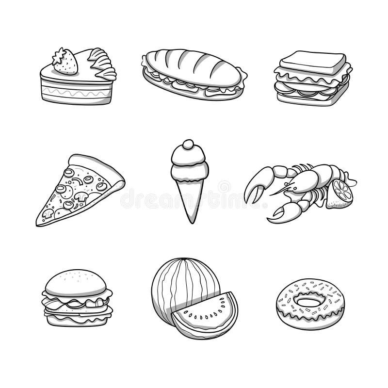 Food icons collection. Doodle cartoon vector illustration. stock illustration Food icons collection. Doodle cartoon vector illustration. stock illustration